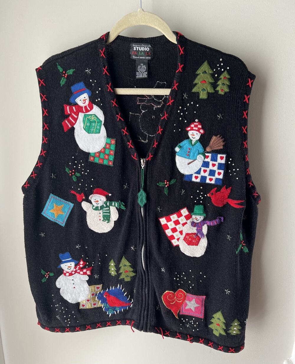 Vintage 90s Studio Fa La La Ugly Christmas Snowman Vest Beaded 3X